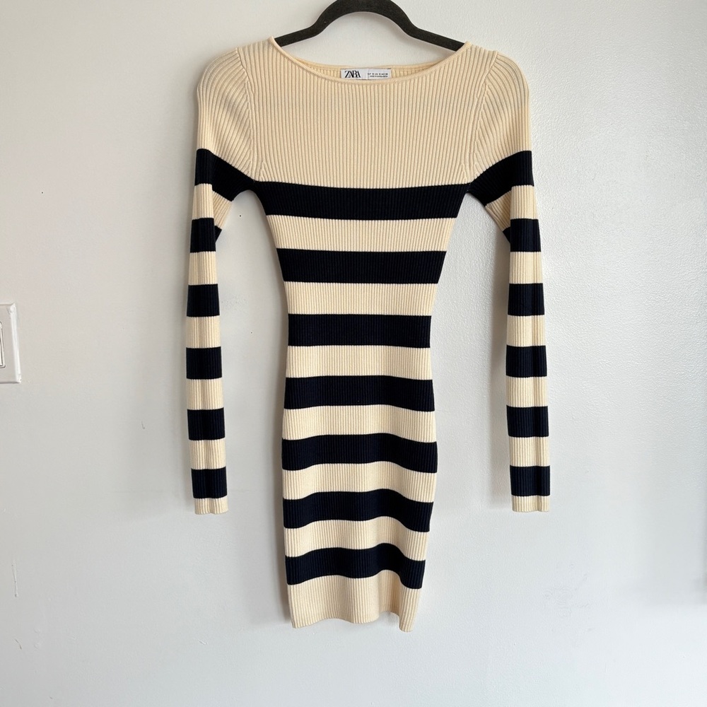 Zara Cream and Blue Bodycon Long Sleeve Dress